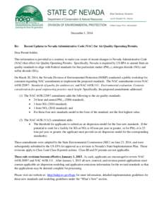 December 1, 2014  Re: Recent Updates to Nevada Administrative Code (NAC) for Air Quality Operating Permits.