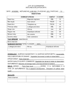 CITY OF CLEARWATER WETLAND EVALUATION DATA DATE: _9/16/2002_ WETLAND NO._8[removed]_FLUCCS.NO._610_ PHOTO NO. __13___ VEGETATION DOMINANT SPECIES