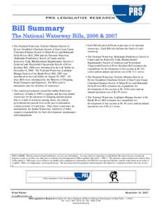 Bill Summary The National Waterway Bills, 2006 & 2007  The National Waterway (Talcher-Dhamra Stretch of Rivers Geonkhali-Charbatia Stretch of East Coast Canal, Charbatia-Dharma Stretch of Matai River and Mahanadi