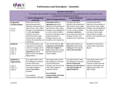 Performance Level Descriptors – Geometry Geometry: Sub-Claim A The student solves problems involving the Major Content for the grade/course with connections to the Standards for Mathematical Practice. Level 5: Distingu