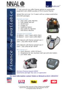 1st Call Lockouts now offer finance options on automotive equipment over £5000 courtesy of First County Finance. Spread the cost over 3 or 5 years with our unique automotive locksmith packages. Example package: Silca Vi