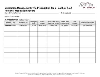 Medication Management: The Prescription for a Healthier You! Personal Medication Record Name & Phone Number: ___________________________________________ Date Updated: ___________________________