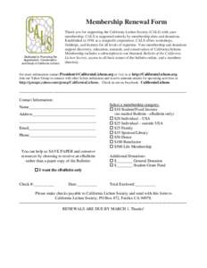 Membership Renewal Form  Dedicated to Promoting the Appreciation, Conservation, and Study of California Lichens