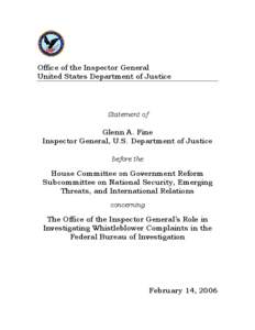 Office of the Inspector General United States Department of Justice Statement of  Glenn A. Fine