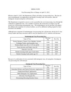 MEDIA NOTE Visa Processing Fees to Change on April 13, 2012 Effective April 13, 2012, the Department of State will adjust visa processing fees. The fees for