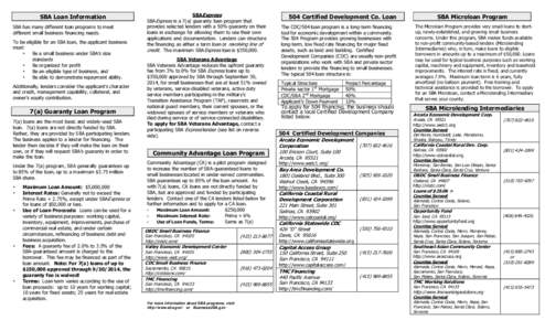 SBA Loan Information SBA has many different loan programs to meet different small business financing needs. To be eligible for an SBA loan, the applicant business must: 