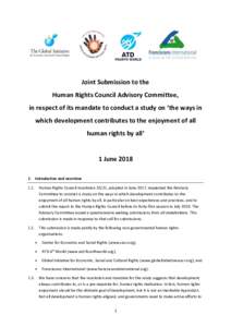 Joint Submission to the Human Rights Council Advisory Committee, in respect of its mandate to conduct a study on ‘the ways in which development contributes to the enjoyment of all human rights by all’ 1 June 2018