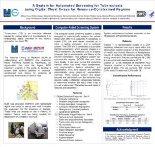 A System for Automated Screening for Tuberculosis using Digital Chest X-rays for Resource-Constrained Regions Zhiyun Xue, Stefan Jaeger, Alexandros Karargyris, Sema Candemir, Sameer Antani, Rodney Long, George Thoma, and