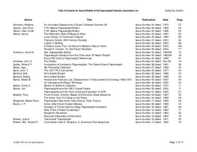 Sorted by Author  Table of Contents for Annual Bulletin of the Paperweight Collectors Association, Inc. Author Abraham, Westers