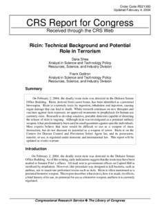 Ricin: Technical Background and Potential Role in Terrorism