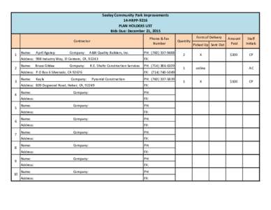 Seeley Community Park Improvements 14-HRPP-9216 PLAN HOLDERS LIST Bids Due: December 21, 2015 Phone & Fax Number