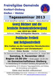 Freireligiöse Gemeinde Krofdorf-Gleiberg Gießen  Wetzlar Tagesseminar 2013 Erich Schaffner rezitiert - zu Beginn - Georg Büchner