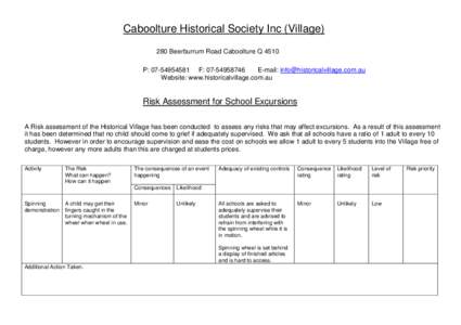 Risk Assessment for School Excursions - Caboolture Historical Society Inc (Village), 280 Beerburrum Road Caboolture  Q  4510