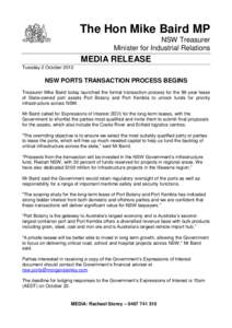 The Hon Mike Baird MP NSW Treasurer Minister for Industrial Relations MEDIA RELEASE Tuesday 2 October 2012