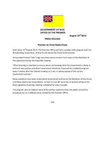 GOVERNMENT OF NIUE OFFICE OF THE PREMIER PRESS RELEASE August 22nd2014