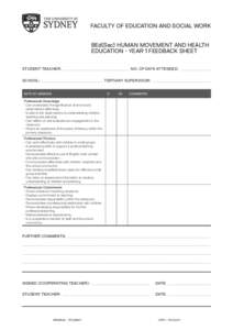 FACULTY OF EDUCATION AND SOCIAL WORK 	BEd(Sec) Human Movement and Health Education - Year 1 Feedback Sheet Student teacher: ________________________________________________________________________ 	 No. Of days attended