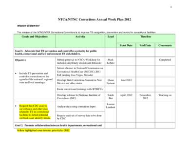 1  NTCA/NTNC Corrections Annual Work Plan 2012 M ission Statem ent The mission of the NTNC/NTCA Corrections Committee is to improve TB recognition, prevention and control in correctional facilities