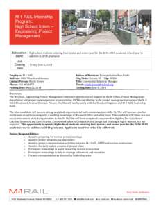 M-1 RAIL Internship Program: High School Intern – Engineering Project Management