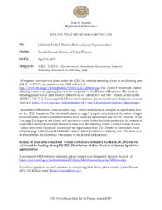State of Arizona Department of Education SCHOOL FINANCE MEMORANDUM[removed]TO:  Littlefield Unified District, Mohave County Superintendent