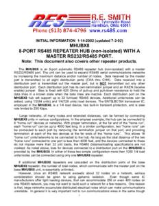 INITIAL INFORMATIONupdatedMHUBX8 8-PORT RS485 REPEATER HUB (non-isolated) WITH A MASTER RS232/RS485 PORT. Note: This document also covers other repeater products.