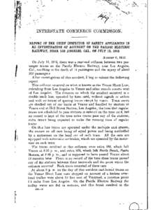 [removed]Investigations - REPORT O FTHE CHIEF INSPECTOR OF SAFETY APPLIANCES IN RE INVESTIGATION OF ACCIDENT ON THE PACIFIC ELECTRIC RAILWAY, NEAR LOS ANGELES, CAL, ON JULY 13, 1913