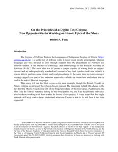 Oral Tradition, [removed]):[removed]On the Principles of a Digital Text Corpus: New Opportunities in Working on Heroic Epics of the Shors Dmitri A. Funk