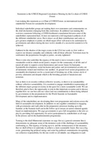 Statement to the UNECE Regional Consultative Meeting by the Co-chair of UNED Forum I am making this statement as co-Chair of UNED Forum. an international multi stakeholder Forum for sustainable development. Individual st