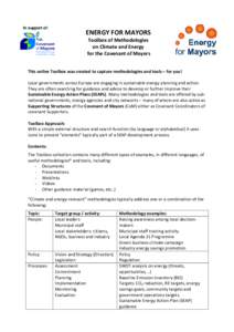 In support of:  ENERGY FOR MAYORS Toolbox of Methodologies on Climate and Energy for the Covenant of Mayors