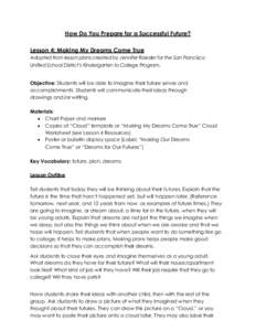 How Do You Prepare for a Successful Future? Lesson 4: Making My Dreams Come True Adopted from lesson plans created by Jennifer Raeder for the San Francisco Unified School District’s Kindergarten to College Program. Obj