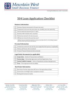 Growing Small Businesses, Jobs, Communities  504 Loan Application Checklist Business Information