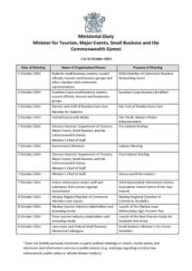 Ministerial Diary: Minister for Tourism, Major Events, Small Business and the Commonwealth Games