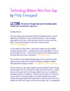 Technology Widens Rich-Poor Gap by Philip Emeagwali LETTERS: LETTERS: The transcript of this speech was reprinted in hundreds hundreds of general circulation press.