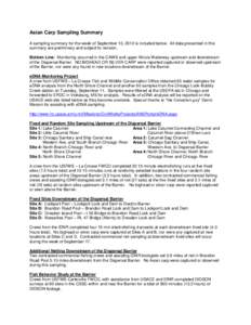 Asian Carp Sampling Summary A sampling summary for the week of September 10, 2012 is included below. All data presented in this summary are preliminary and subject to revision. Bottom Line: Monitoring occurred in the CAW