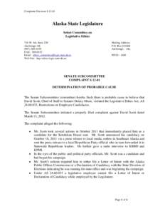 Complaint Decision SAlaska State Legislature Select Committee on Legislative Ethics 716 W. 4th, Suite 230