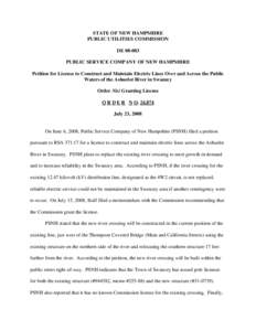 STATE OF NEW HAMPSHIRE PUBLIC UTILITIES COMMISSION DE[removed]PUBLIC SERVICE COMPANY OF NEW HAMPSHIRE Petition for License to Construct and Maintain Electric Lines Over and Across the Public Waters of the Ashuelot River i