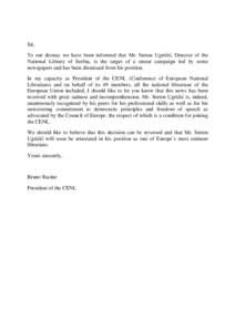 Letter to Serbian Ambassador to France Dusan T. Batakovic concerning Sreten Ugricic
