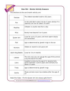 How Old – Starter Activity Answers The solutions to the card match activity are: Tortoise Fox Mayflies Mice