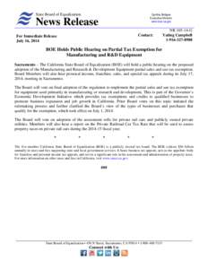 California State Board of Equalization News Release