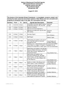 Notice of Meeting and Final Draft Agenda NM Interstate Stream Commission 5550 San Antonio Drive NE ISC Conference Room Albuquerque, NM August 27, 2010