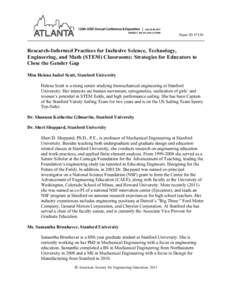 Paper ID #7150  Research-Informed Practices for Inclusive Science, Technology, Engineering, and Math (STEM) Classrooms: Strategies for Educators to Close the Gender Gap Miss Helena Isabel Scutt, Stanford University