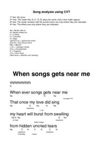 Song analysis using CVT!  ! 1st line: the lyrics! 2nd line: The mode (Na, N, C, O, E) stays the same until a new mode appear!