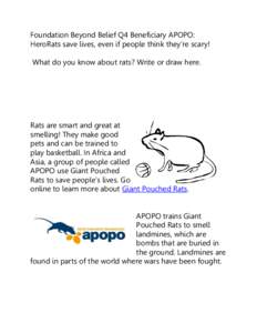 Foundation Beyond Belief Q4 Beneficiary APOPO: HeroRats save lives, even if people think they’re scary! What do you know about rats? Write or draw here. Rats are smart and great at smelling! They make good