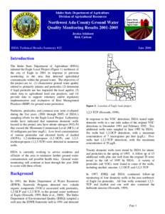 Idaho State Department of Agriculture Division of Agricultural Resources Northwest Ada County Ground Water Quality Monitoring Results[removed]Jessica Atlakson