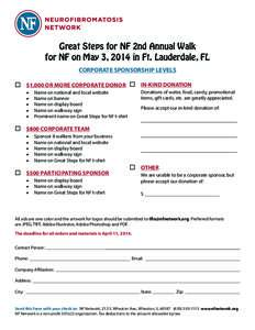 Great Steps for NF 2nd Annual Walk for NF on May 3, 2014 in Ft. Lauderdale, FL CORPORATE SPONSORSHIP LEVELS 	$1,000 OR MORE CORPORATE DONOR 	IN-KIND DONATION