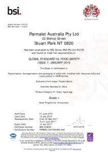 Auditor Number: BRC Site Code: Parmalat Australia Pty Ltd 22 Bishop Street