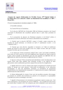 RÉPUBLIQUE FRANÇAISE LIBERTÉ-ÉGALITÉ-FRATERNITÉ COMMISSION DES AFFAIRES EUROPEENNES  – Examen du rapport d’information de M. Gilles Savary, Mme Chantal Guittet et