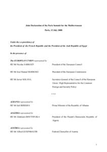 Union for the Mediterranean / Euro-Mediterranean Partnership / Javier Solana / Euro-Mediterranean Parliamentary Assembly / Mediterranean Interregional Commission / Rodi Kratsa-Tsagaropoulou / Politics / Foreign relations / Government