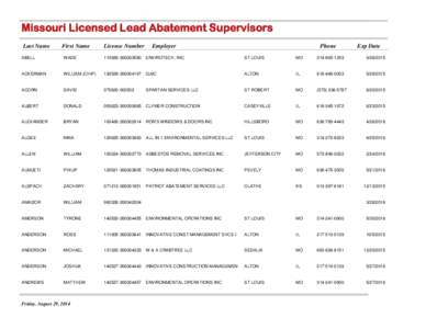 Missouri Licensed Lead Abatement Supervisors Last Name First Name  License Number