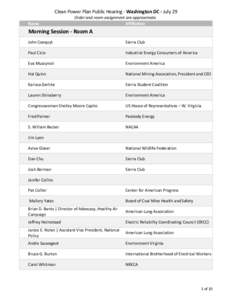 Speaker List for Washington, DC, Clean Power Plan Public Hearing - July 30, 2014