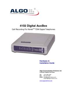 4102 Digital AuxBox Call Recording For NortelTM TDM Digital Telephones Hardware & Installation Guide
